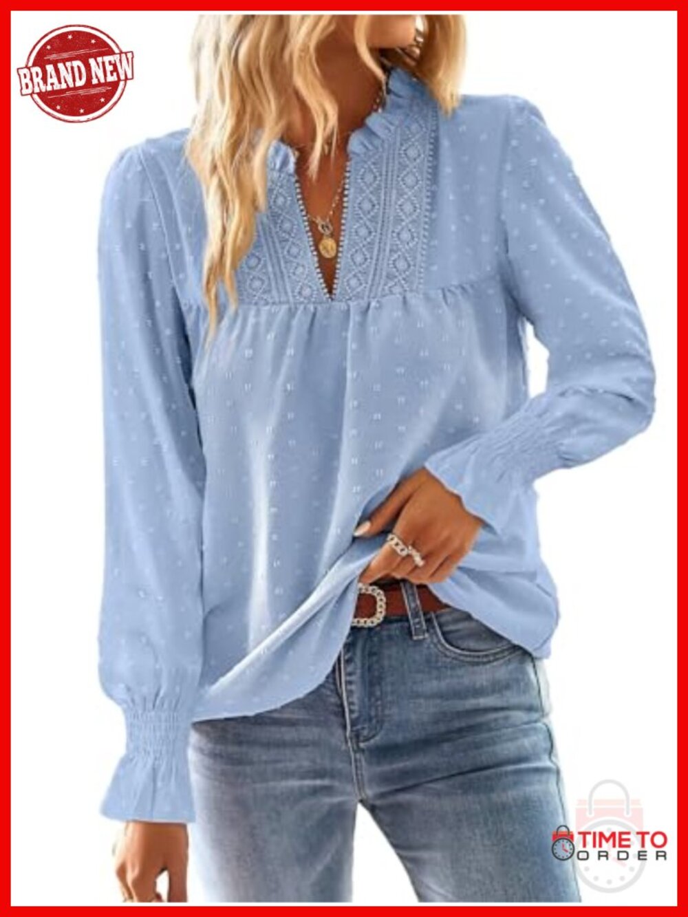 Boho Swiss Dot V Neck Flowy Blouse Long Sleeve Tunic